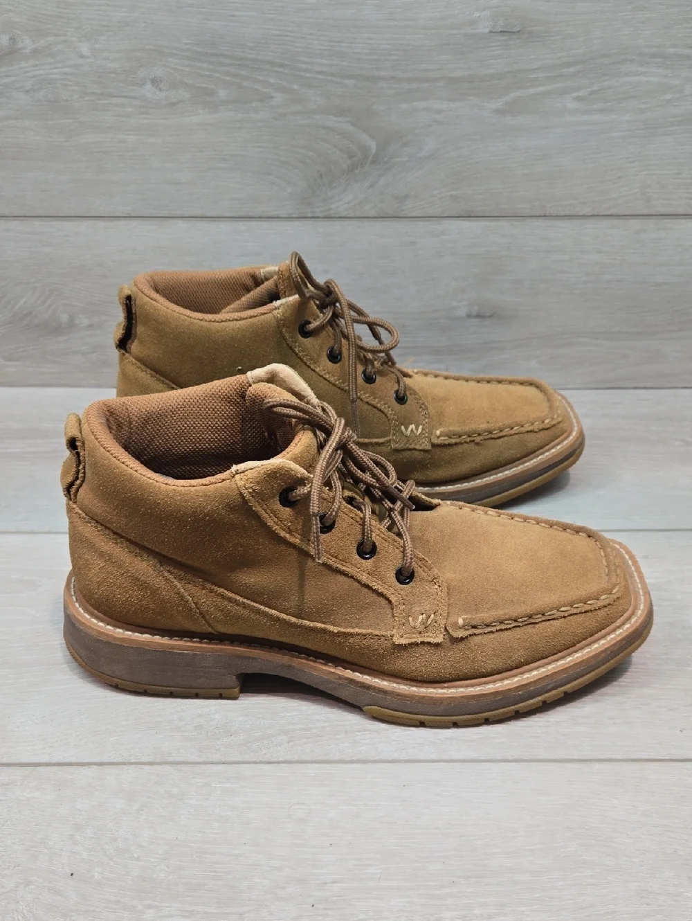 Vintage Wrangel Men's Suede Moc Square Toe Lace-Up Boots in Chestnut Sz 8.5M